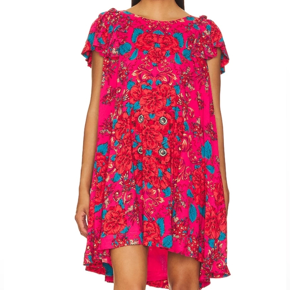 Free People Hot Pink Floral Mini Dress with Teal Accents